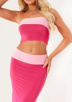 Tops|Co-Ords*Missy Empire Asha Pink Contrast Fold Over Slinky Bandeau Top