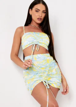 Tops|Co-Ords*Missy Empire Ashlynn Blue Yellow Swirl Print Ruched Crop Top Multicoloured