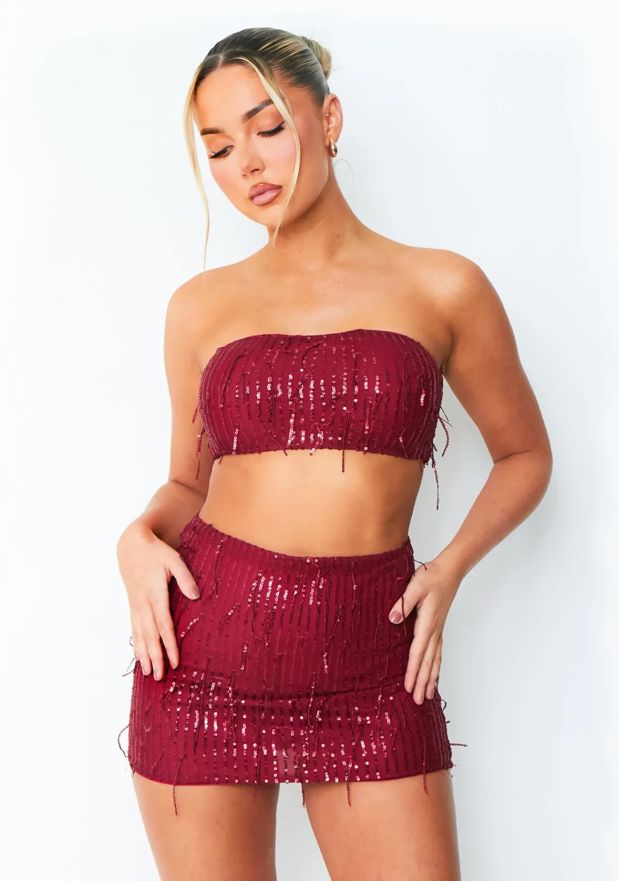 The Party Edit|Tops*Missy Empire Athena Wine Tassel Sequin Bandeau Top Red