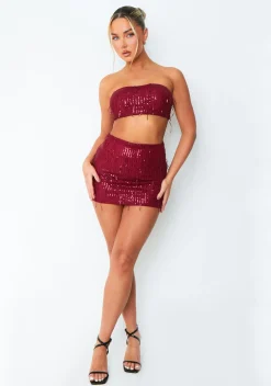 The Party Edit|Tops*Missy Empire Athena Wine Tassel Sequin Bandeau Top Red