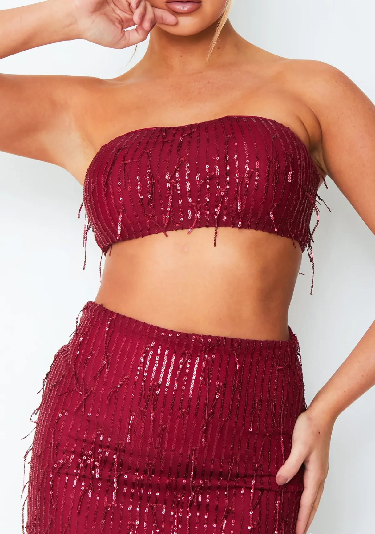 The Party Edit|Tops*Missy Empire Athena Wine Tassel Sequin Bandeau Top Red