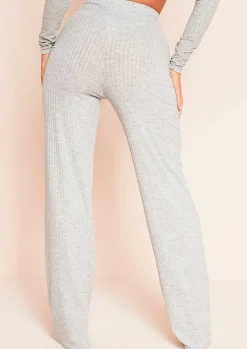 Airport Vibin'|Trousers*Missy Empire Aubrey Grey Mix & Match Ribbed Lounge Wide Leg Trousers