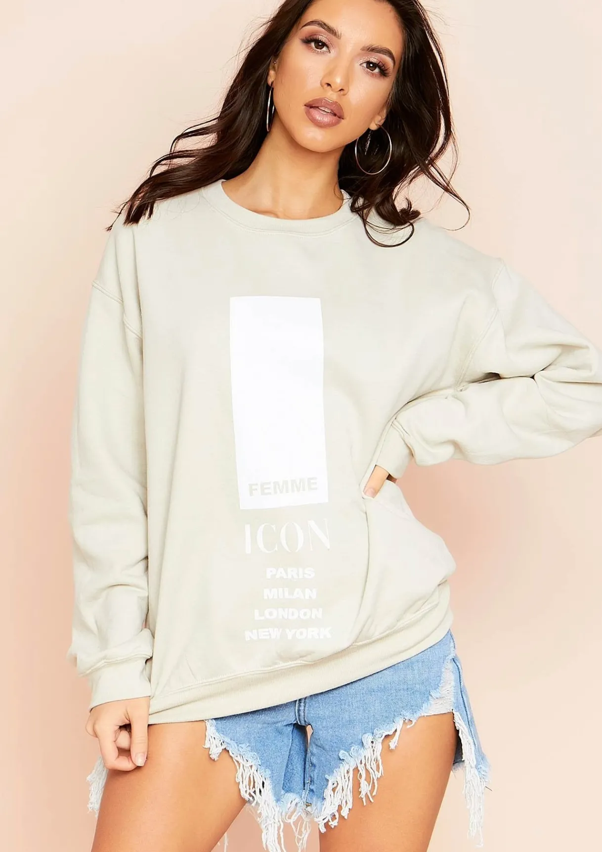 Airport Vibin'|Loungewear*Missy Empire Austyn Slogan Femme Icon Oversized Sweatshirt Sand