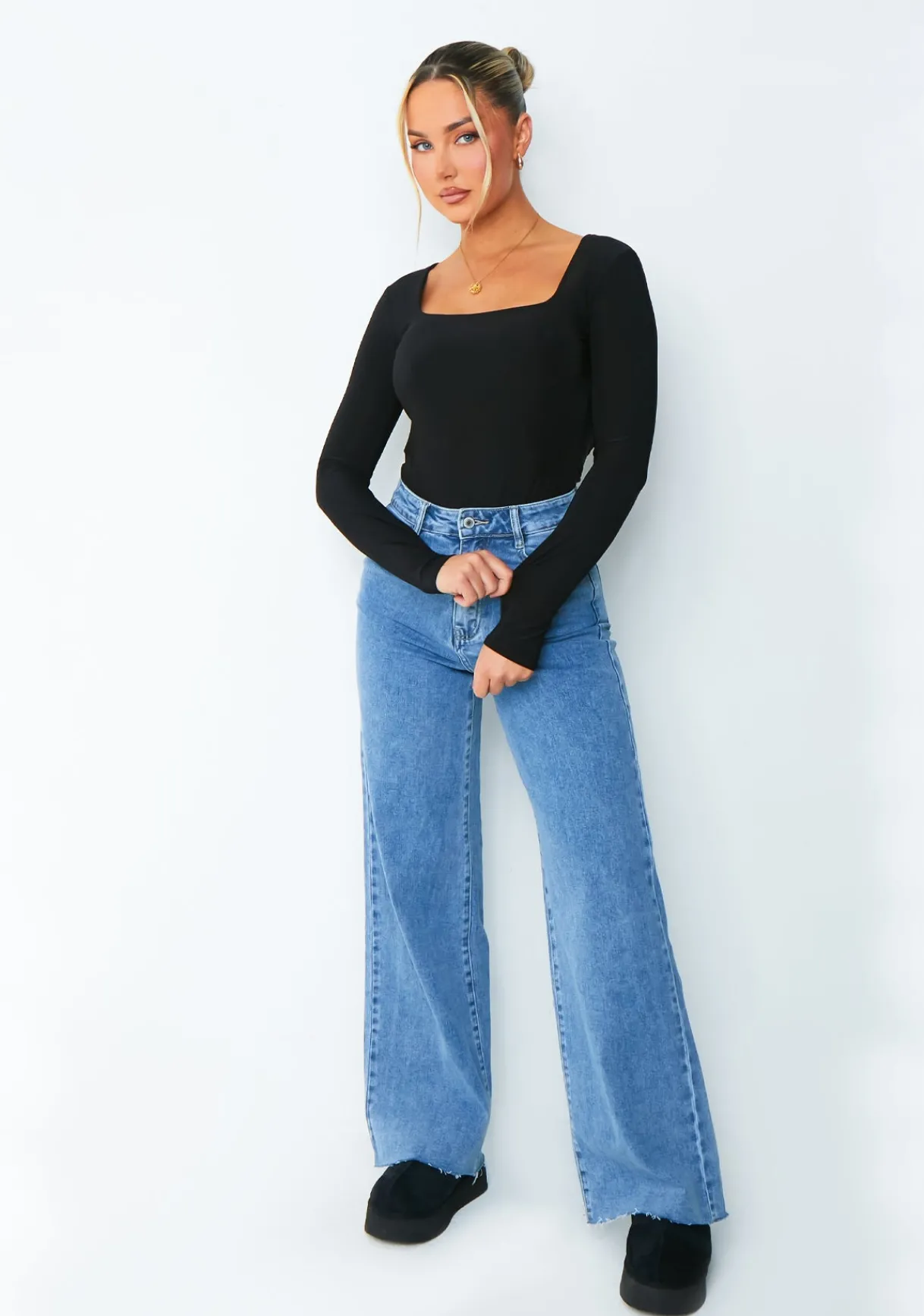 Tops|Bodysuits*Missy Empire Bailey Black Square Neck Long Sleeve Slinky Bodysuit