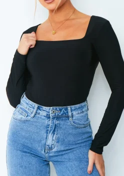 Tops|Bodysuits*Missy Empire Bailey Black Square Neck Long Sleeve Slinky Bodysuit