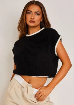 Tops|Knitwear*Missy Empire Beatrix & White Cropped Knitted Jumper Vest Black