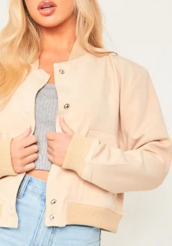 Airport Vibin'|Coats & Jackets*Missy Empire Becca Button Up Cropped Bomber Jacket Beige