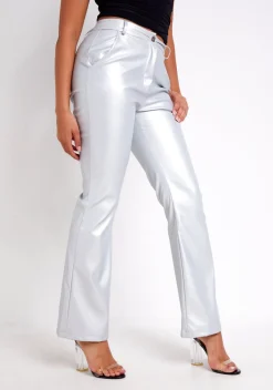 The Party Edit|Trousers*Missy Empire Beth Metallic High Waisted Faux Leather Trouser Silver