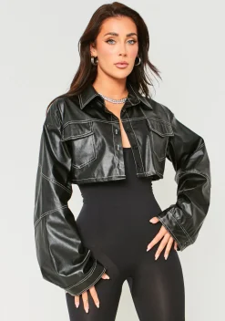 Concert Outfits|Coats & Jackets*Missy Empire Bethanie Black PU Contrast Seam Cropped Jacket