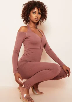 Jumpsuits & Playsuits*Missy Empire Bonnie Mocha Halterneck Cut Out Long Sleeve Zip Up Jumpsuit