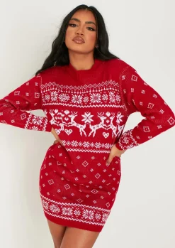 Knitted Dresses|Mini Dresses*Missy Empire Bridget Red Knitted Reindeer Mini Dress