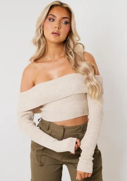 Tops|Knitwear*Missy Empire Callie Oatmeal Fold Over Knitted Crop Top