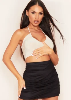 Tops*Missy Empire Cara Champagne Ruched Slinky Halterneck Crop Top
