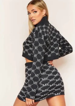Knitwear|Co-Ords*Missy Empire Carly Charcoal Print Knitted Roll Neck Cropped Jumper