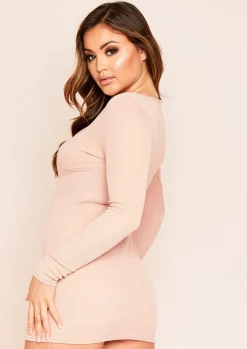 Long Sleeve Dresses|Knitted Dresses*Missy Empire Carmen Cup Detail Rib Mini Dress Rose