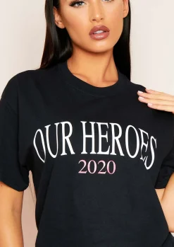 Airport Vibin'|Tops*Missy Empire Cassandra Black "Our Heroes" Oversized T-Shirt