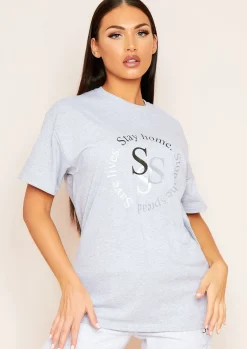 Airport Vibin'|Tops*Missy Empire Cayley Grey "Stay Home. Stop The Spread. Save Lives" Slogan Oversized T-Shirt