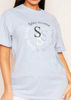 Airport Vibin'|Tops*Missy Empire Cayley Grey "Stay Home. Stop The Spread. Save Lives" Slogan Oversized T-Shirt