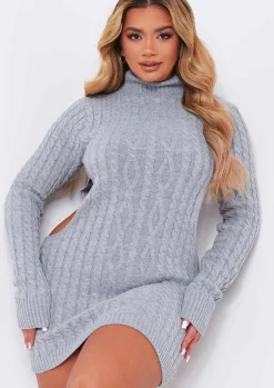 Airport Vibin'|Long Sleeve Dresses*Missy Empire Cecilia Cut Out Knitted Dress Grey
