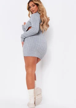 Airport Vibin'|Long Sleeve Dresses*Missy Empire Cecilia Cut Out Knitted Dress Grey