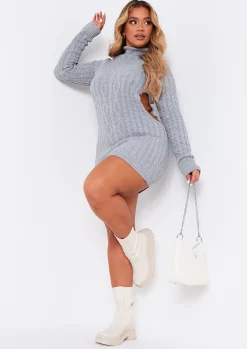 Airport Vibin'|Long Sleeve Dresses*Missy Empire Cecilia Cut Out Knitted Dress Grey