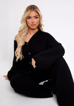 Airport Vibin'|Loungewear*Missy Empire Chantelle Chunky Knit Cardigan & Trouser Co-Ord Set Black