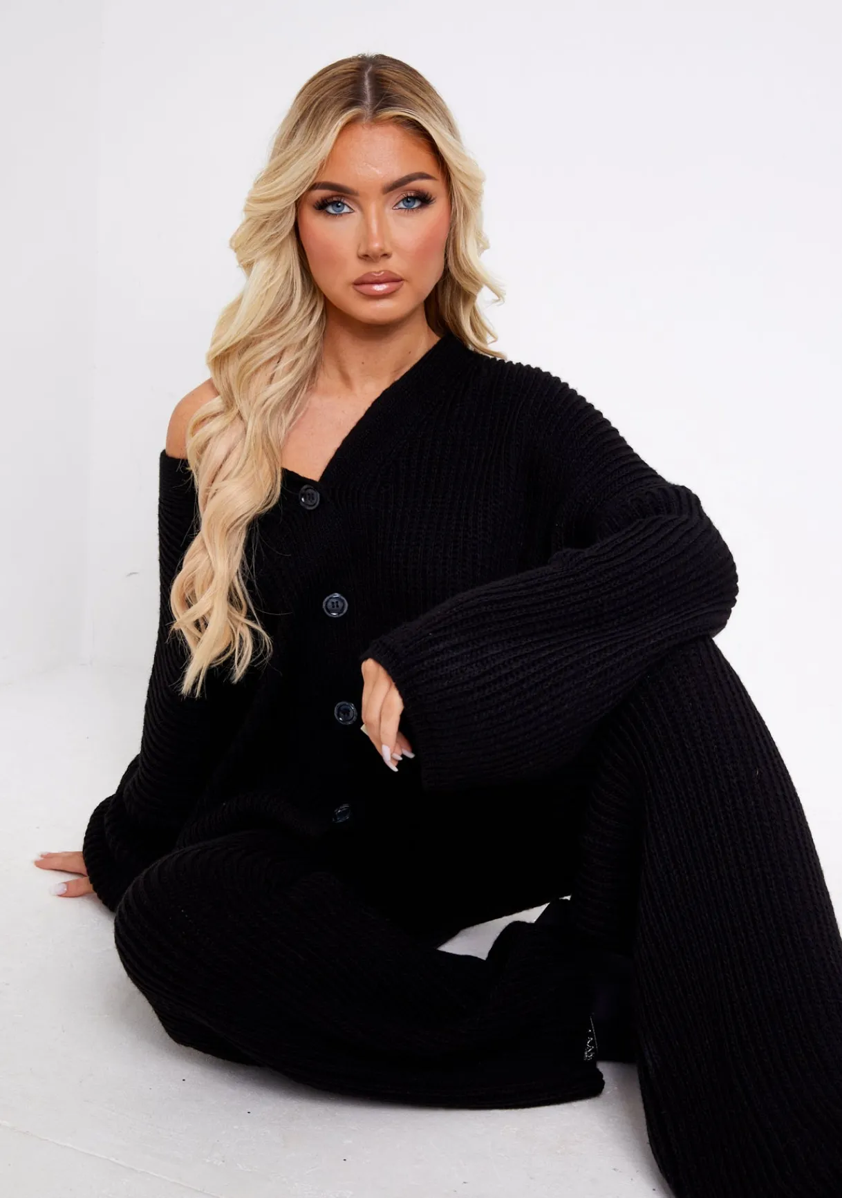 Airport Vibin'|Loungewear*Missy Empire Chantelle Chunky Knit Cardigan & Trouser Co-Ord Set Black
