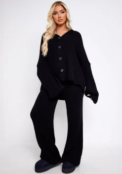 Airport Vibin'|Loungewear*Missy Empire Chantelle Chunky Knit Cardigan & Trouser Co-Ord Set Black