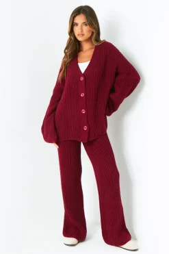 Airport Vibin'|Loungewear*Missy Empire Chantelle Wine Chunky Knit Cardigan & Trouser Co-Ord Set Red