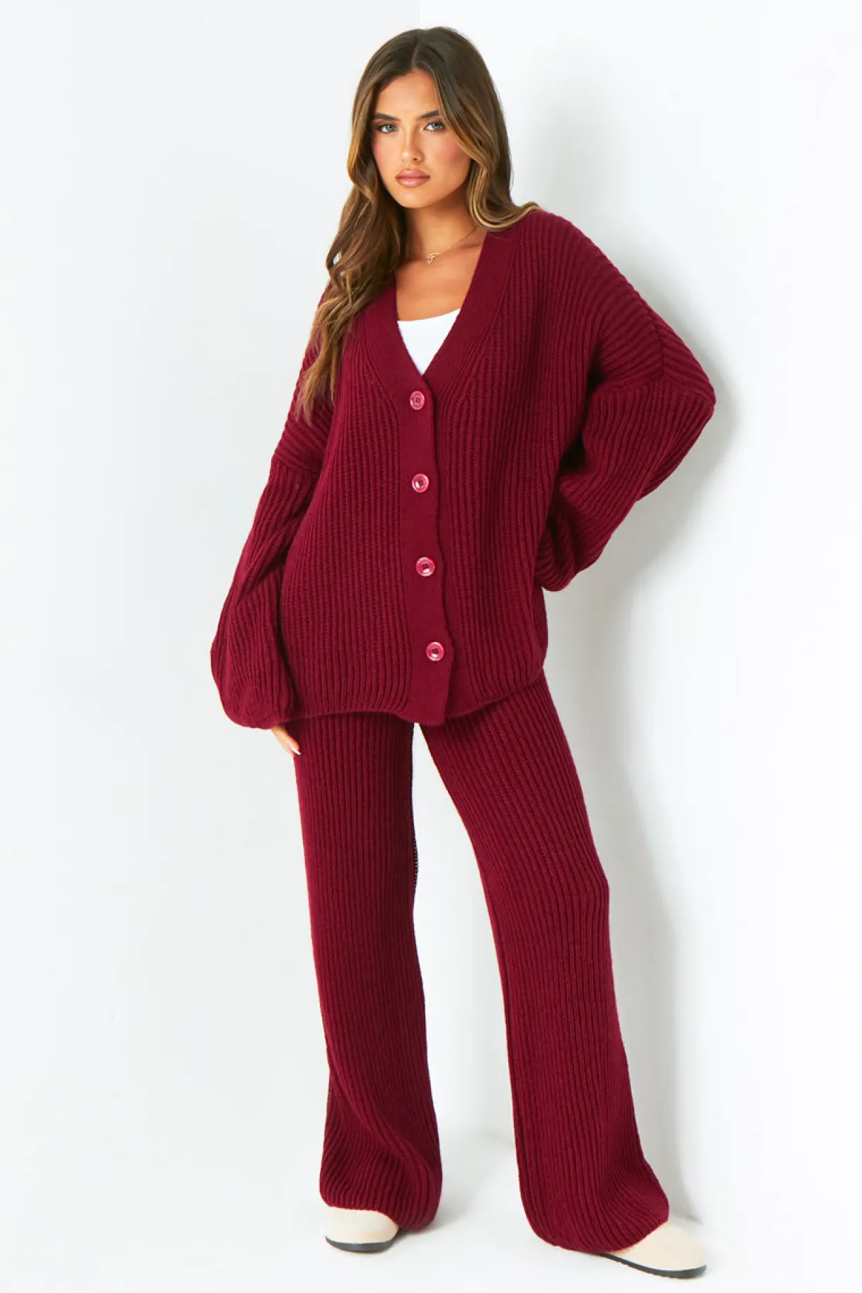 Airport Vibin'|Loungewear*Missy Empire Chantelle Wine Chunky Knit Cardigan & Trouser Co-Ord Set Red