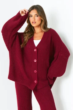 Airport Vibin'|Loungewear*Missy Empire Chantelle Wine Chunky Knit Cardigan & Trouser Co-Ord Set Red
