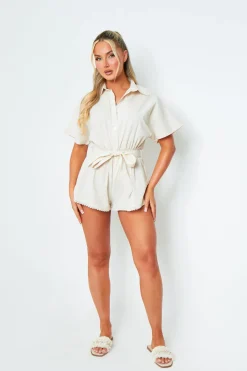 Jumpsuits & Playsuits*Missy Empire Charley Beige Tie Waist Plunge V Neck Playsuit