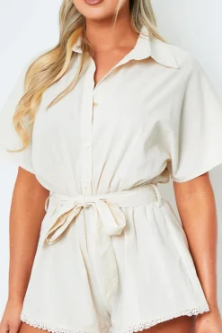 Jumpsuits & Playsuits*Missy Empire Charley Beige Tie Waist Plunge V Neck Playsuit