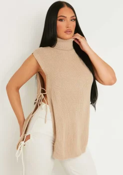 Tops|Knitwear*Missy Empire Cheryl Knitted Roll Neck Tie Side Vest Beige