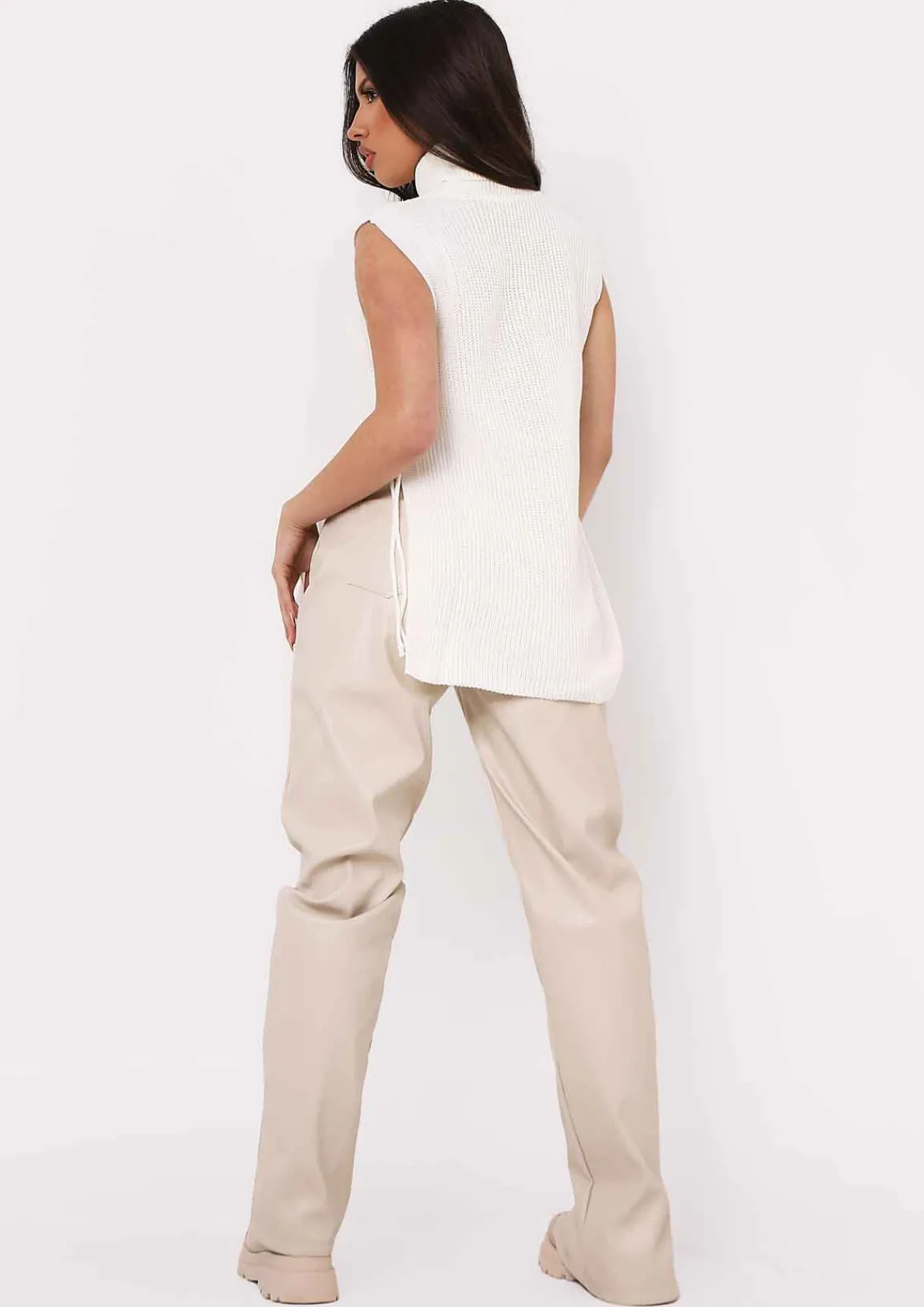Tops|Knitwear*Missy Empire Cheryl Knitted Roll Neck Tie Side Vest Cream
