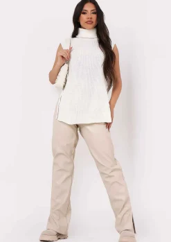 Tops|Knitwear*Missy Empire Cheryl Knitted Roll Neck Tie Side Vest Cream
