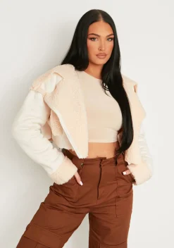 Coats & Jackets*Missy Empire Cindy Cropped Zipped Borg Coat Cream