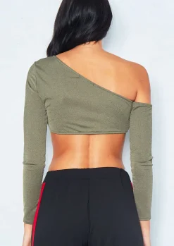 Tops*Missy Empire Clara One Shoulder Crop Top Khaki