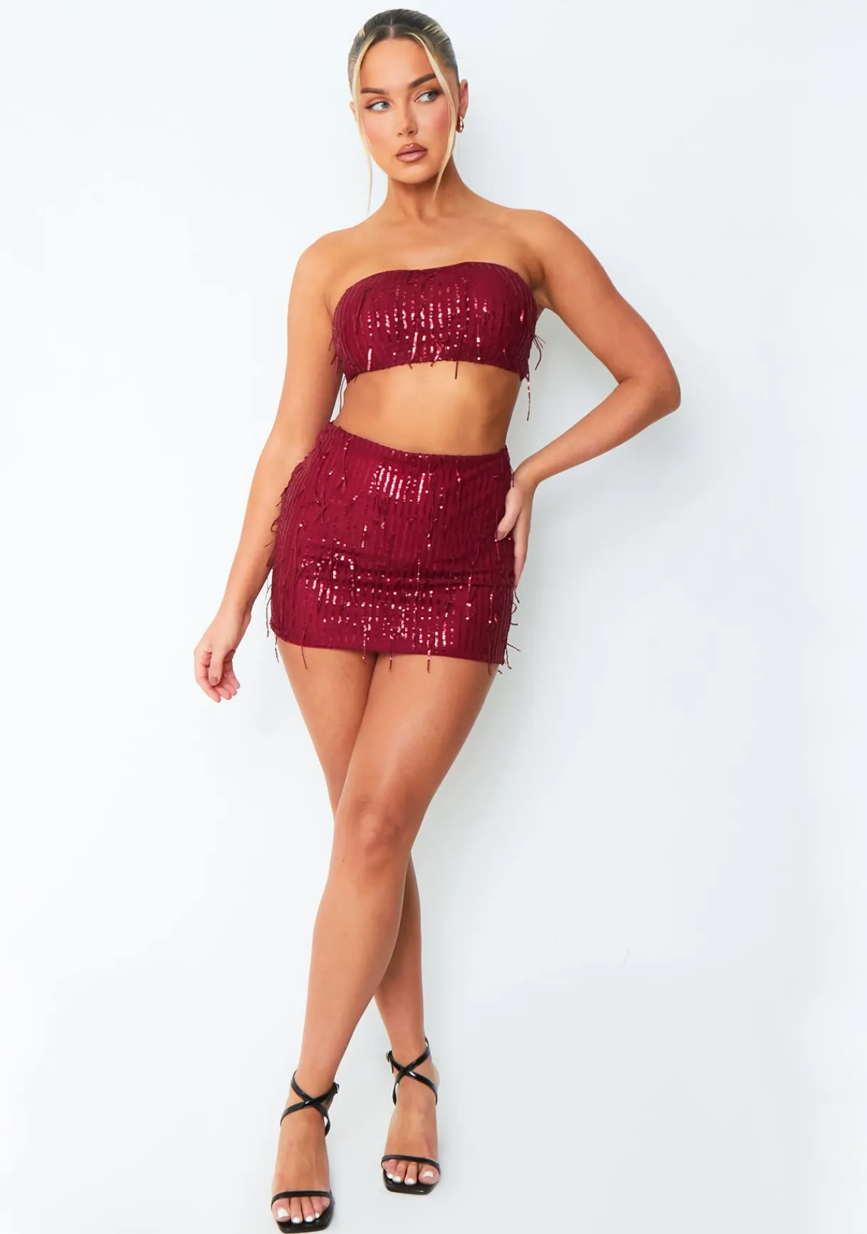 The Party Edit|Skirts*Missy Empire Cleo Wine Tassel Sequin Mini Skirt Red