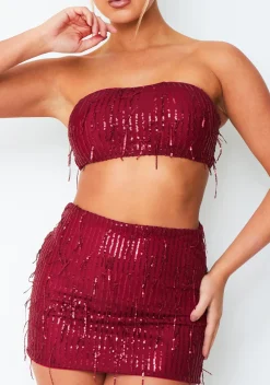 The Party Edit|Skirts*Missy Empire Cleo Wine Tassel Sequin Mini Skirt Red