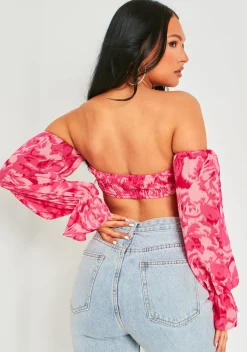 Tops*Missy Empire Colleen Pink Puff Sleeve Bardot Crop Top