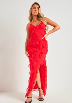 The Party Edit|Maxi Dresses*Missy Empire Cora Red Strappy Frill Maxi Dress