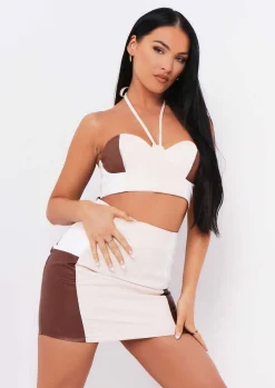 Tops|Co-Ords*Missy Empire Cynthia Beige Colourblock PU Halterneck Bralet
