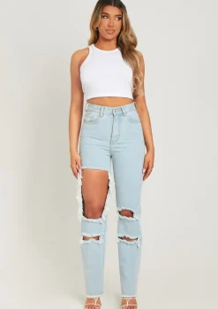 Jeans|Denim*Missy Empire Cyntoia Blue High Waisted Cut Out Ripped Denim Jeans Pastel Blue