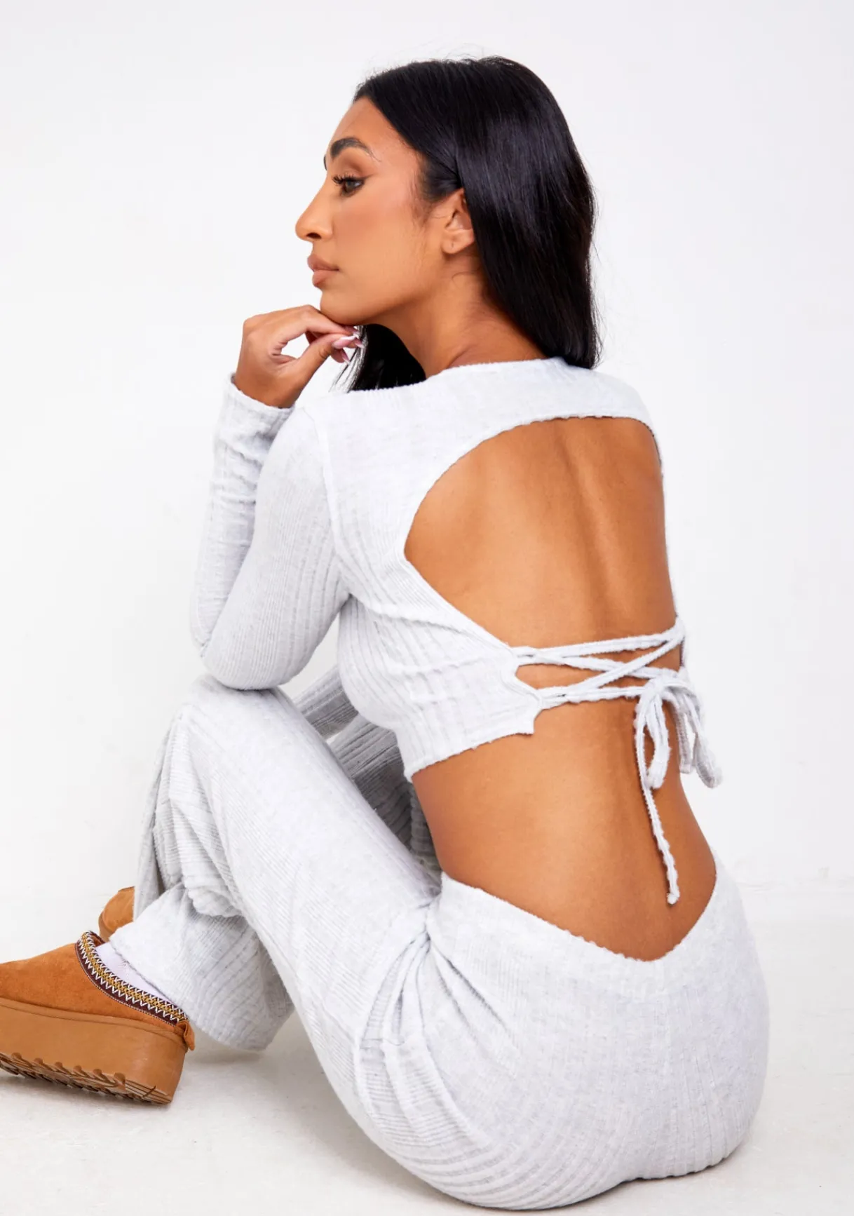 Airport Vibin'|Tops*Missy Empire Darci Light Grey Super Soft Ribbed Tie Back Top