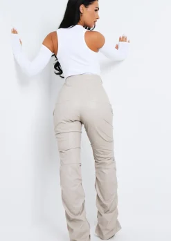 Trousers*Missy Empire Darelle High Waisted Ruched PU Trousers Beige