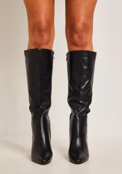 Boots*Missy Empire Devyn Knee High Heeled Leather Boots Black