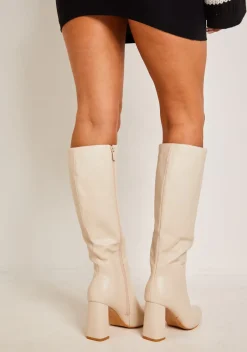 Boots|Heels*Missy Empire Devyn Knee High Heeled Leather Boots Cream