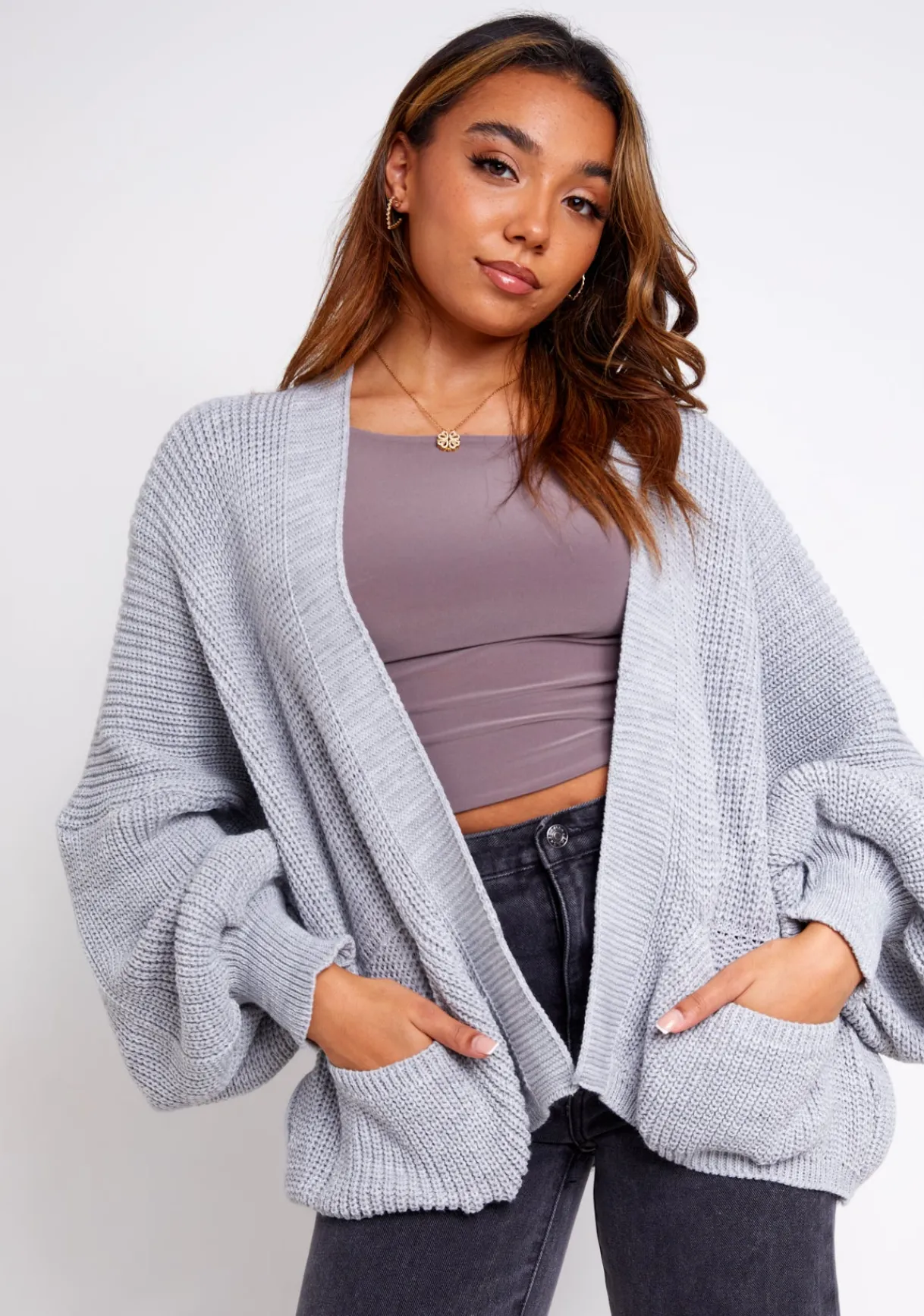 Knitwear*Missy Empire Devyn Balloon Sleeve Cardigan Grey