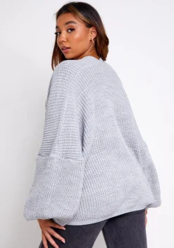 Knitwear*Missy Empire Devyn Balloon Sleeve Cardigan Grey
